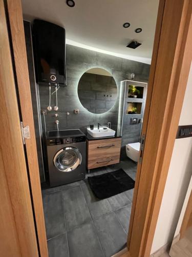 a bathroom with a sink and a washing machine at HelVik Apartman Aqua Park in Vrnjačka Banja