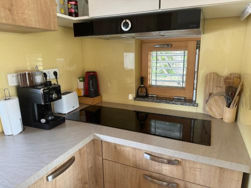 a kitchen with wooden cabinets and a counter top at Capo House in Gračišče