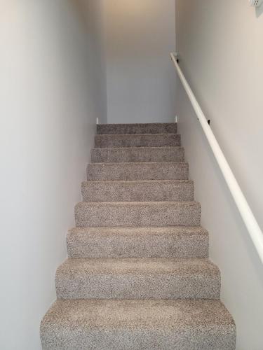 a set of stairs in a room with a stair case at The HoneyBee at Coventry Rows in Omaha