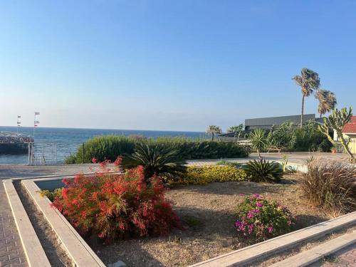 a park with flowers and the ocean in the background at Girne yazlık ev in Ayyorgi