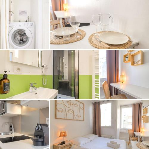 un collage de photos d'une cuisine et d'une salle de bains dans l'établissement Verlaine-Tolstoi, à Villeurbanne
