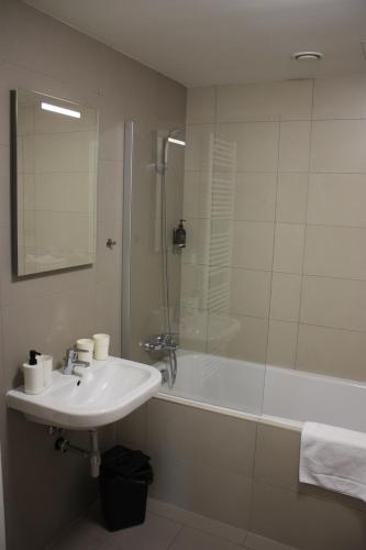 a bathroom with a sink and a shower and a tub at Lakepark Residence in Staré Splavy