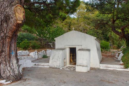 a small white building next to a tree at Giannakos Apartments in Ydroússa