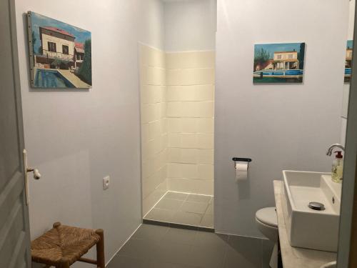 a bathroom with a shower and a toilet and a sink at La Maison de Gabriel in Villeneuve-de-Berg