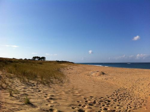 a beach with footprints in the sand and the ocean at La Goélette, Chambres d'Hôtes in Wimereux