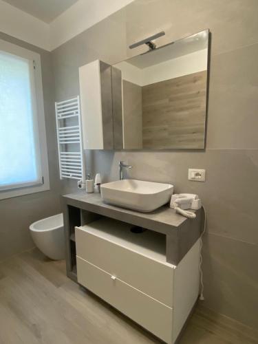 a bathroom with a sink and a toilet and a mirror at Houses of Flowers in Spinea