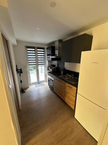a kitchen with a refrigerator and a counter top at 50 nuances de rouge in Guebwiller