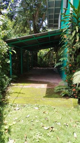 a building with a green overhang in a yard at Casa Olingo in Cocles