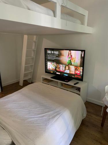 une chambre avec un lit et une télévision à écran plat dans l'établissement Appartement de charme près du Stade de France, à Saint-Denis
