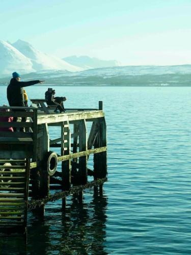 a man standing on a dock in the water at Arctic Aurora Studio I NEW IN 2023 in Åsgård