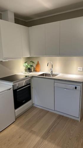 a kitchen with white cabinets and a sink at Arctic Aurora Studio I NEW IN 2023 in Åsgård