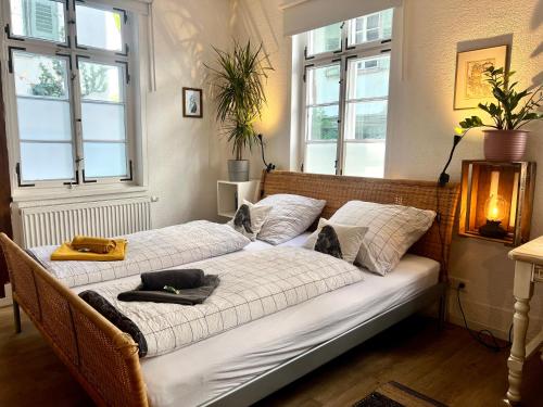 a bed in a room with two windows at Geräumiges Studio in der Altstadt mit Küche & Kingsize Bett Come In in Esslingen