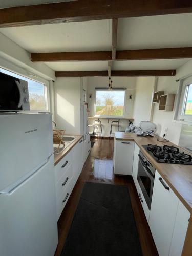 une cuisine avec des armoires blanches et un four à plaques de cuisson dans l'établissement La Tiny du Rougy, à Frolois