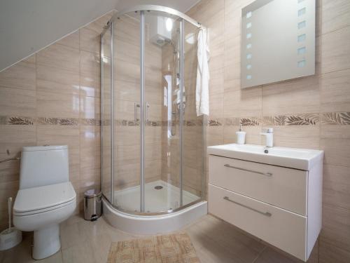 Un baño con ducha, inodoro y lavabo. en Villa Ecomfort, en Szeligi