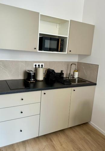 une cuisine avec des armoires blanches et un micro-ondes dans l'établissement Le cocon Mulhouse, à Mulhouse