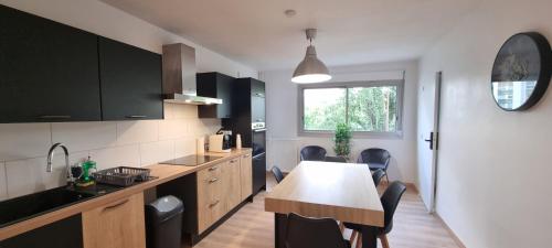 une cuisine avec une table et des chaises dans une pièce dans l'établissement Chambres avec salle d'eau privative dans appartement partagé, à Toulouse