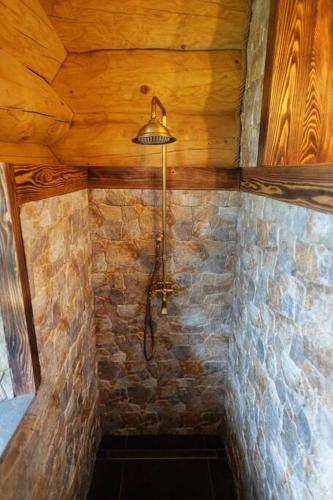 a shower in a room with a stone wall at Galicyjska Chata in Kwiatonowice