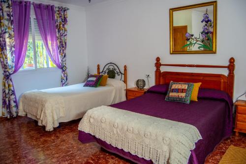 Un dormitorio con dos camas y un espejo. en Alojamiento Rural Las Acacias, en Cabra