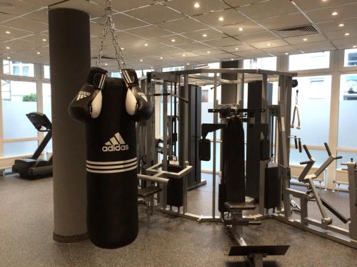 a gym with a punching bag hanging from a chain at Hotel Rheingold in Bayreuth