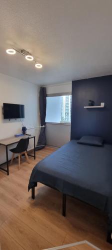- une chambre avec un lit bleu et un bureau dans l'établissement Chambres avec salle d'eau privative dans appartement partagé, à Toulouse