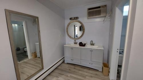 a bathroom with a sink and a mirror at Village Motel in Clinton