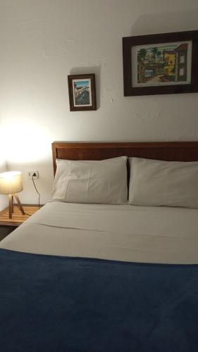 a bedroom with a white bed with a blue blanket at Pitanga Ilha Grande in Abraão
