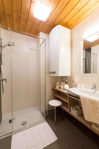 a bathroom with a shower and a sink at Haus Stablerkrämer in Maria Alm am Steinernen Meer