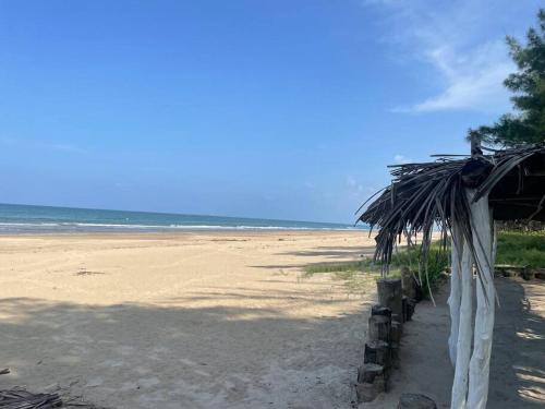 a beach with a straw hut and the ocean at Villa Playa Encantada in Barra de Tuxpan
