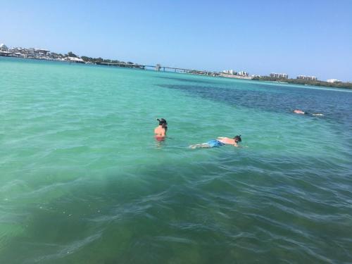 two people swimming in the water in the ocean at Private Patio, Walk to All, 2min- Siesta Keys Best Beach, 1min- Dining & Entertainment of Village! in Siesta Key
