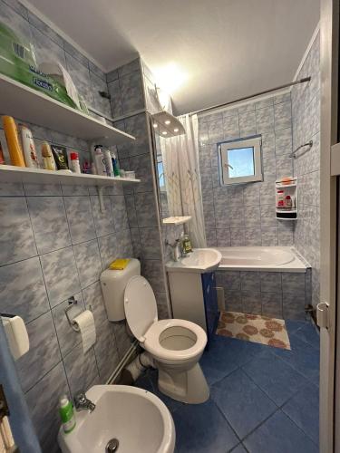 a bathroom with a toilet and a sink and a tub at Casy&Angy in Braşov