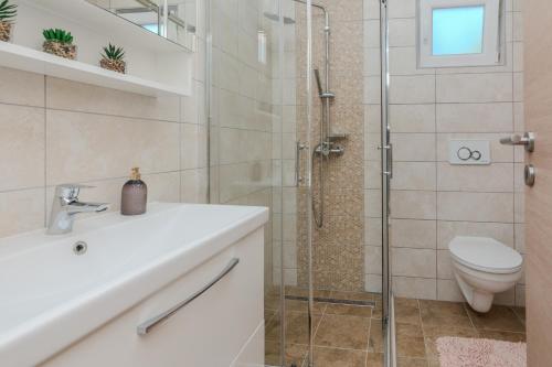 a bathroom with a shower and a sink and a toilet at Family friendly house with a swimming pool Privlaka, Zadar - 23516 in Privlaka