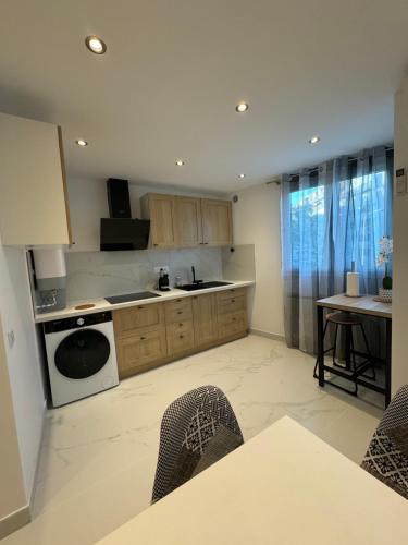 une cuisine avec un évier et une cuisinière four supérieur dans l'établissement Appartement Dauphiné - près de la Gare, à La Guillotière