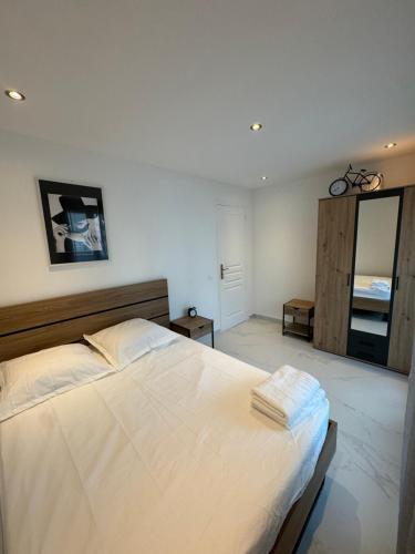 une chambre avec un grand lit blanc et un miroir dans l'établissement Appartement Dauphiné - près de la Gare, à La Guillotière