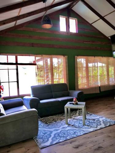 a living room with a couch and a table at Cabaña Rio Blamco in Guápiles