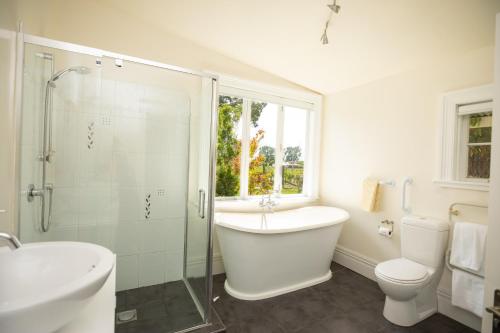a bathroom with a tub and a shower and a toilet at Margrain Vineyard Villas in Martinborough 