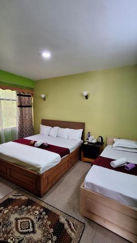 ラチャングにあるMantra Inn Lachungの緑の壁の部屋にベッドが2つある