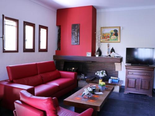 - un salon avec un canapé rouge et une cheminée dans l'établissement Charmante maison à Canet, proche commerces et parcs - FR-1-732-89, à Canet