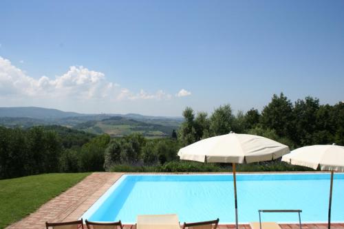 a swimming pool with two umbrellas and a swimming pool at Podere Il Pino in Poggibonsi