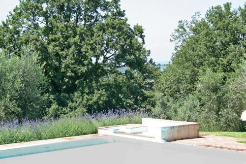 a swimming pool with trees in the background at Podere Il Pino in Poggibonsi