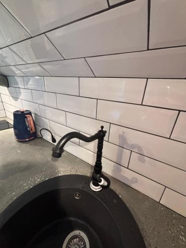 a sink with a faucet next to a brick wall at Cozy studio in a horse ranch in Lieplaukė