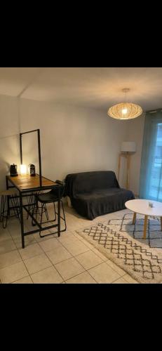 un salon avec un lit et une table dans l'établissement Appartement calme centre ville avec place parking, à Limoges