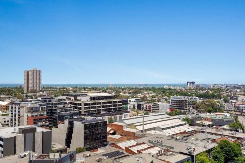 an aerial view of a city with buildings at Deluxe Living in Southbank, Parking Available T&Cs in Melbourne