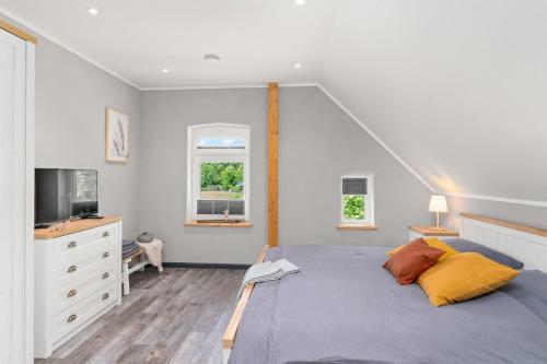 a bedroom with a bed and a television in it at Dat Schniederhus in Ehrenburg