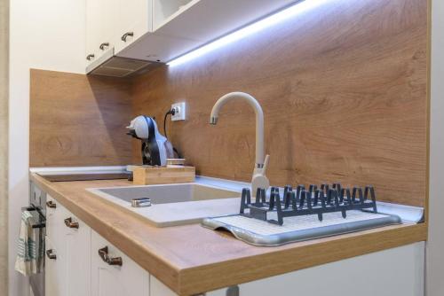 a kitchen counter with a sink and a faucet at Vutovi's corner made with care in Bansko