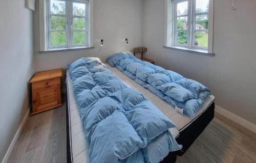 four beds in a room with blue pillows at Beautiful Home In Gislaved With Wifi in Gislaved
