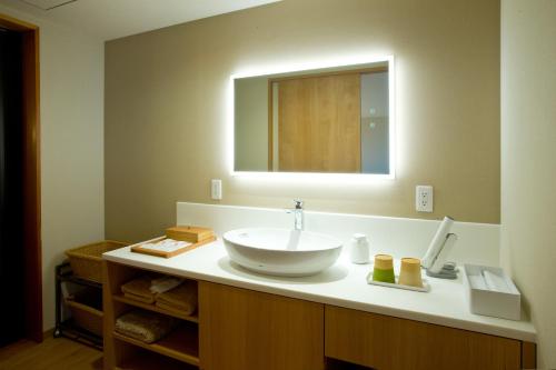 a bathroom with a sink and a mirror at 山荘 風の杜 Sanso Kazenomori in Minoo