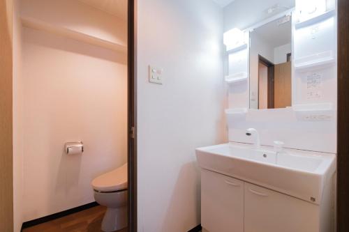 a bathroom with a sink and a toilet and a mirror at Miyazaki Mango Hotel in Miyazaki