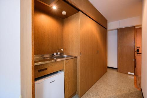 a kitchen with wooden cabinets and a sink and a dishwasher at Miyazaki Mango Hotel in Miyazaki