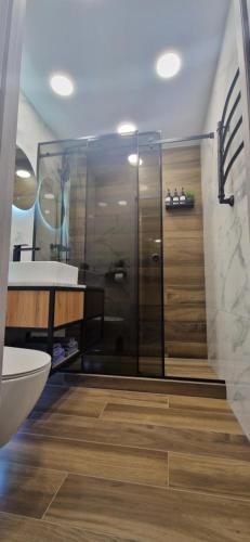 ein Badezimmer mit Dusche, Toilette und Waschbecken in der Unterkunft Апартаменты на Чехова in Öskemen