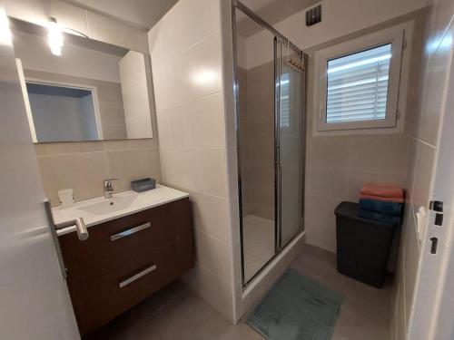 une salle de bain avec un lavabo et une douche en verre dans l'établissement le Pradeau - T3 panorama Pyrénées, à Tarbes